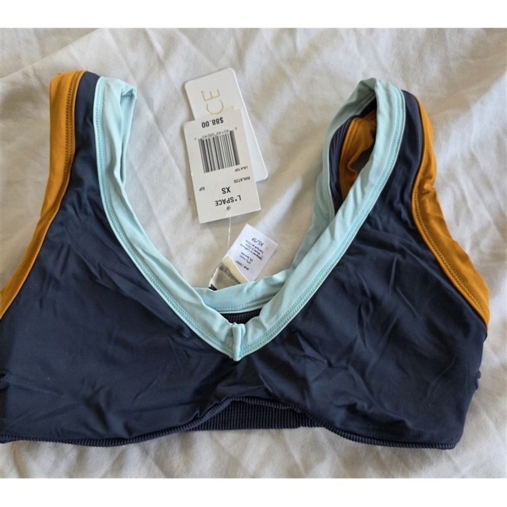 NWT L*Space XS LaLa Bikini Top Swimsuit Navy Blue Aqua tan 132433
